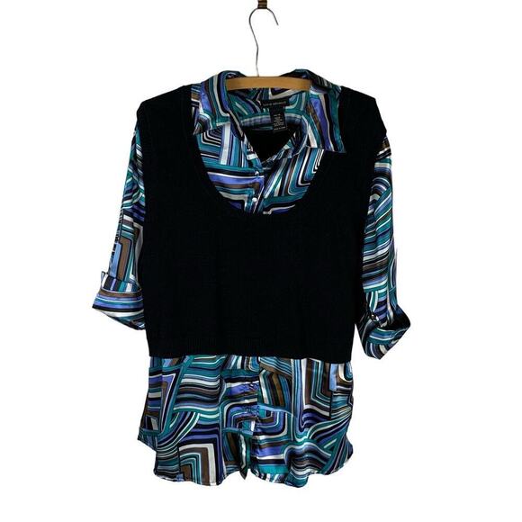 💰Lane Bryant 70's Mod Style Satin Top  wAttached Black Sweater Vest  Size 14/16 - Picture 1 of 9
